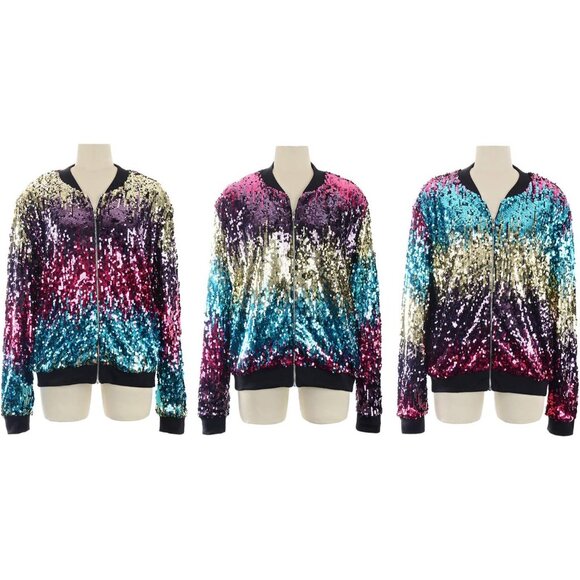 Brand New Women Gradient Color ployester Sequin Zip Bomber Jacket Long Sleeve - Picture 5 of 7